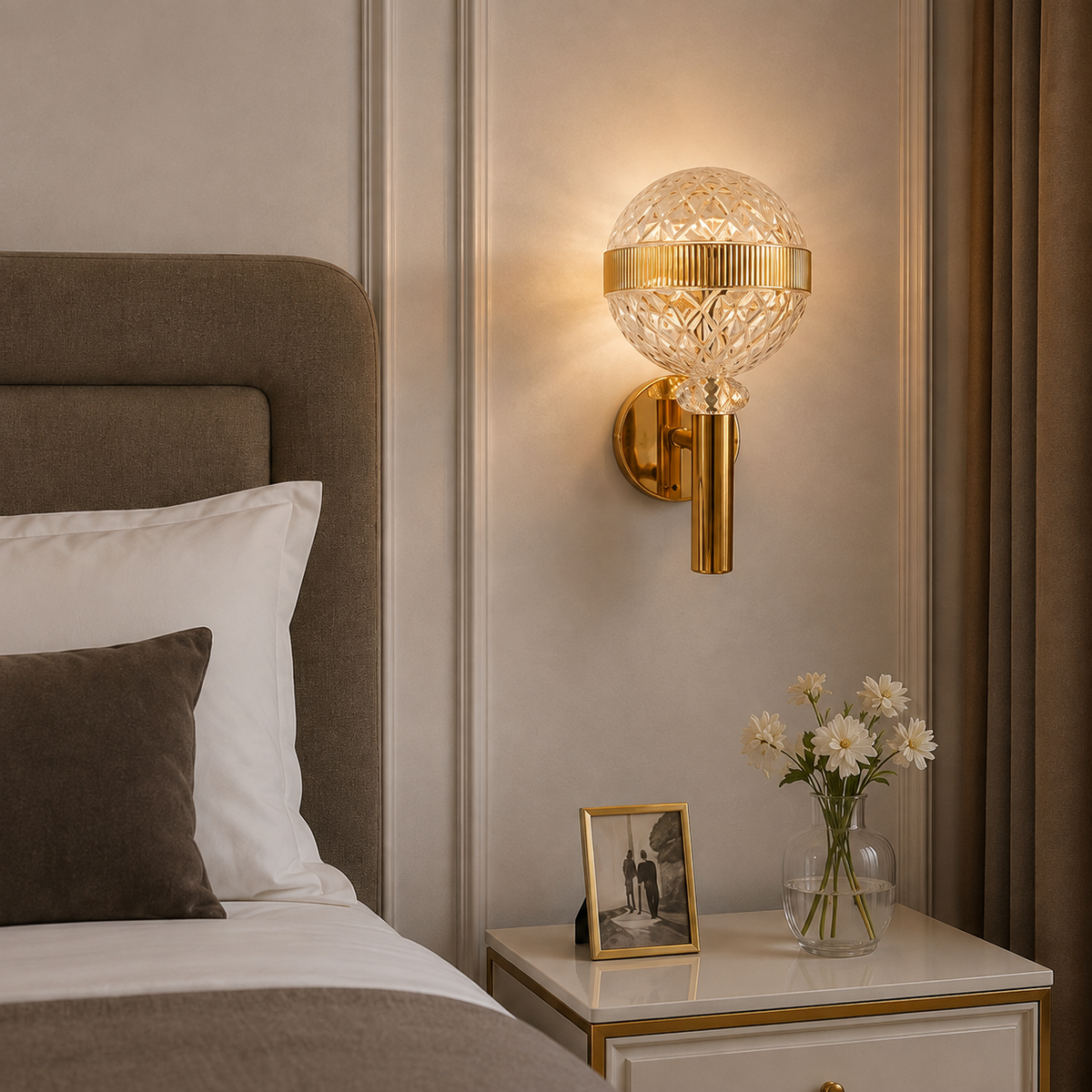 Modern Luxury Spherical Gold Band Crystal Wall Sconce | Textured Glass LED Wall Light
