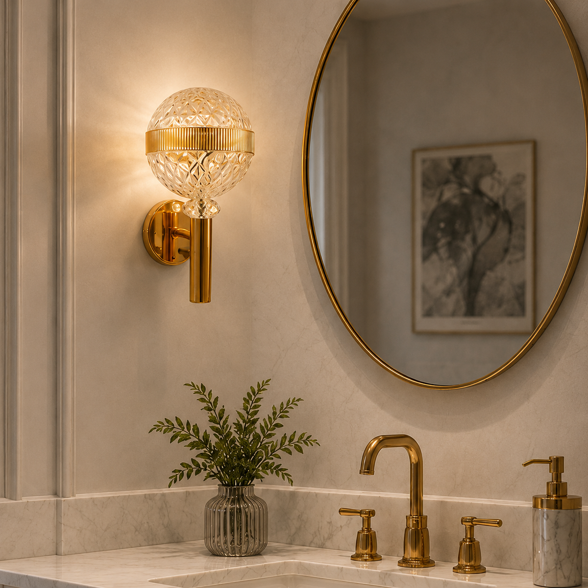 Modern Luxury Spherical Gold Band Crystal Wall Sconce | Textured Glass LED Wall Light