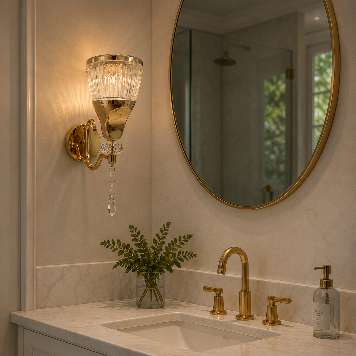Modern Luxury Gold Fluted Chalice Crystal Wall Sconce | Hanging Crystal Pendant Wall Light