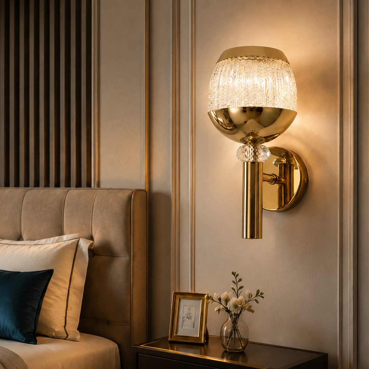 Modern Luxury Gold Goblet Crystal Wall Sconce | Textured Glass LED Wall Light