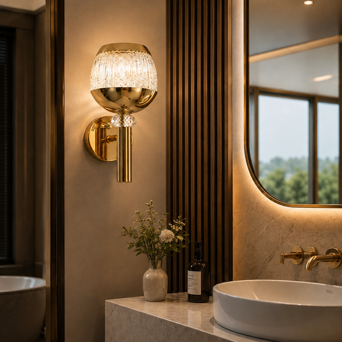 Modern Luxury Gold Goblet Crystal Wall Sconce | Textured Glass LED Wall Light
