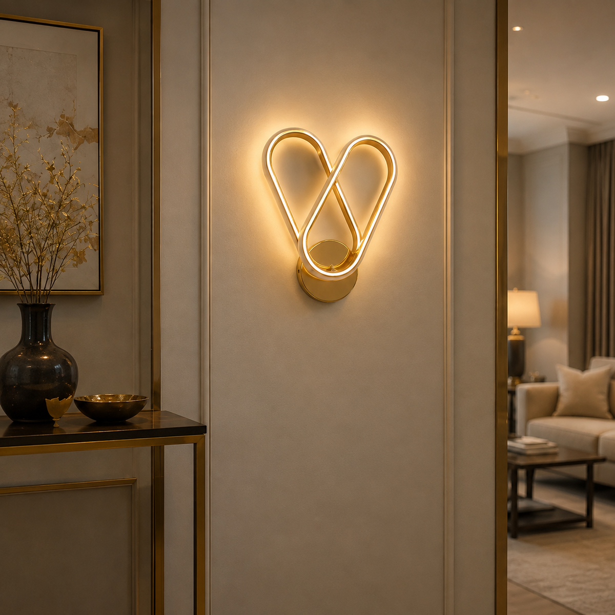 Modern Luxury Gold Heart Infinity LED Wall Sconce | Sculptural Acrylic Wall Light