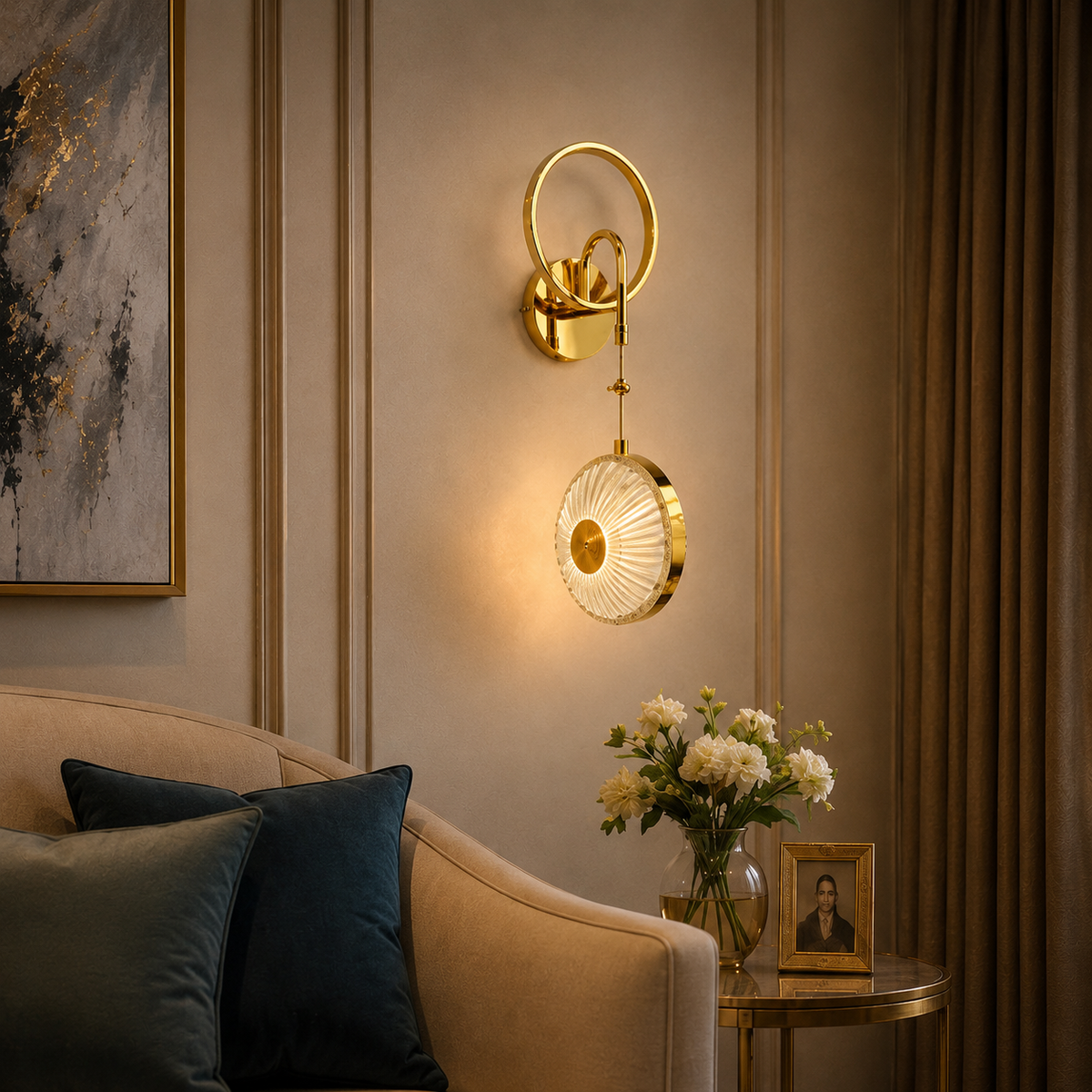Modern Luxury Gold Circular Disc Crystal Wall Sconce | Ring Halo LED Pendant Wall Light