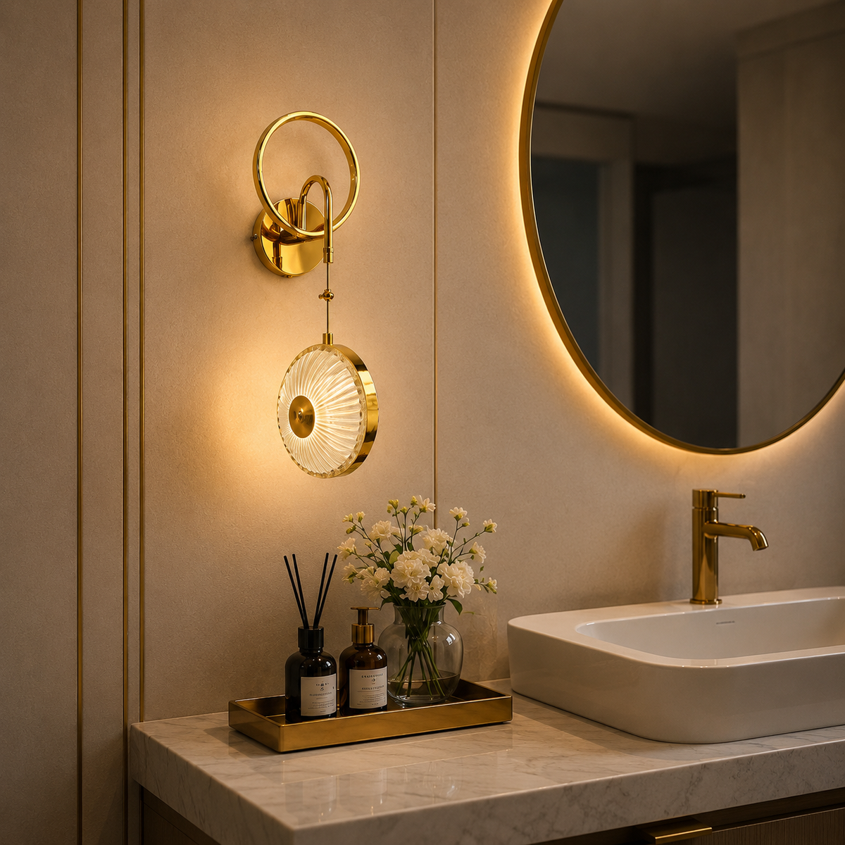 Modern Luxury Gold Circular Disc Crystal Wall Sconce | Ring Halo LED Pendant Wall Light