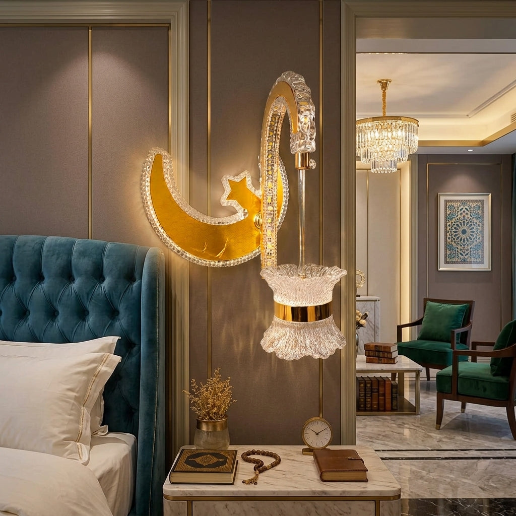 Modern Luxury Gold Crescent Moon & Star Crystal Wall Light