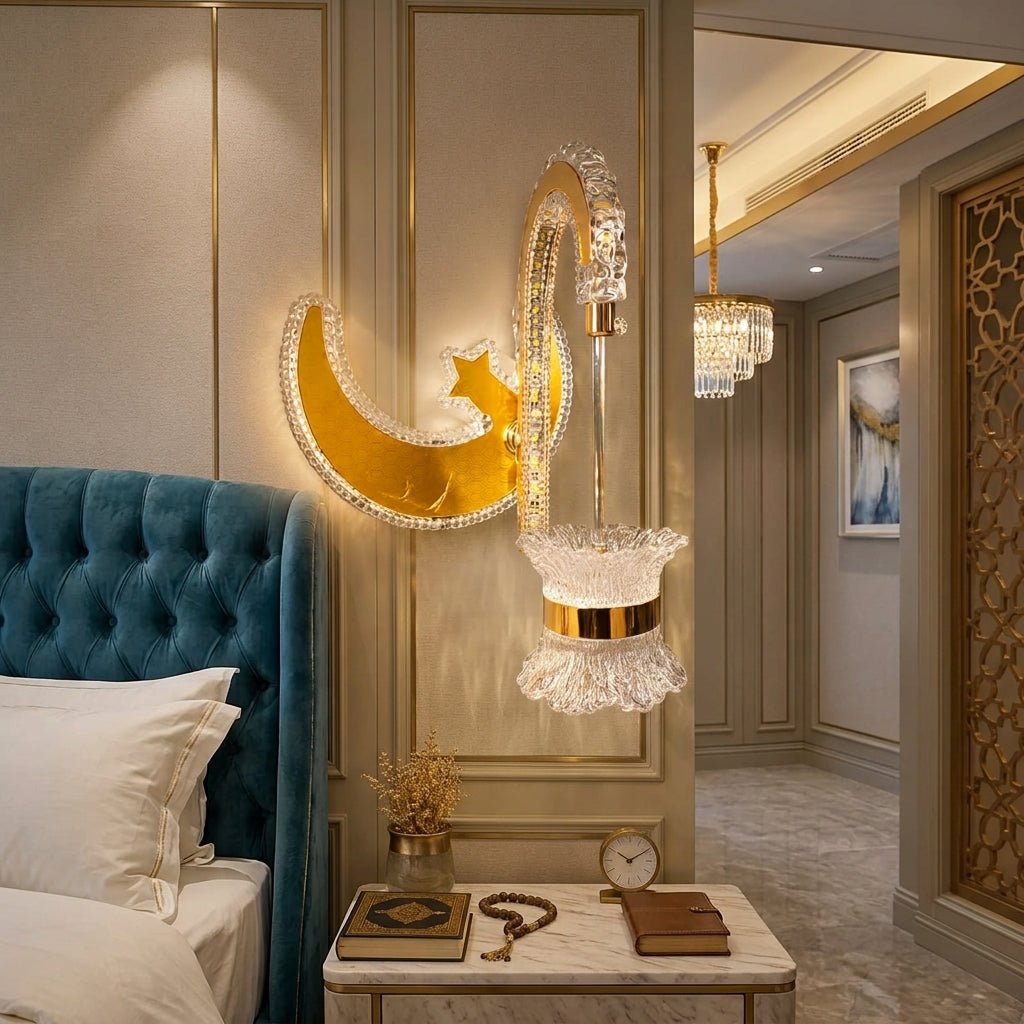 Modern Luxury Gold Crescent Moon & Star Crystal Wall Light