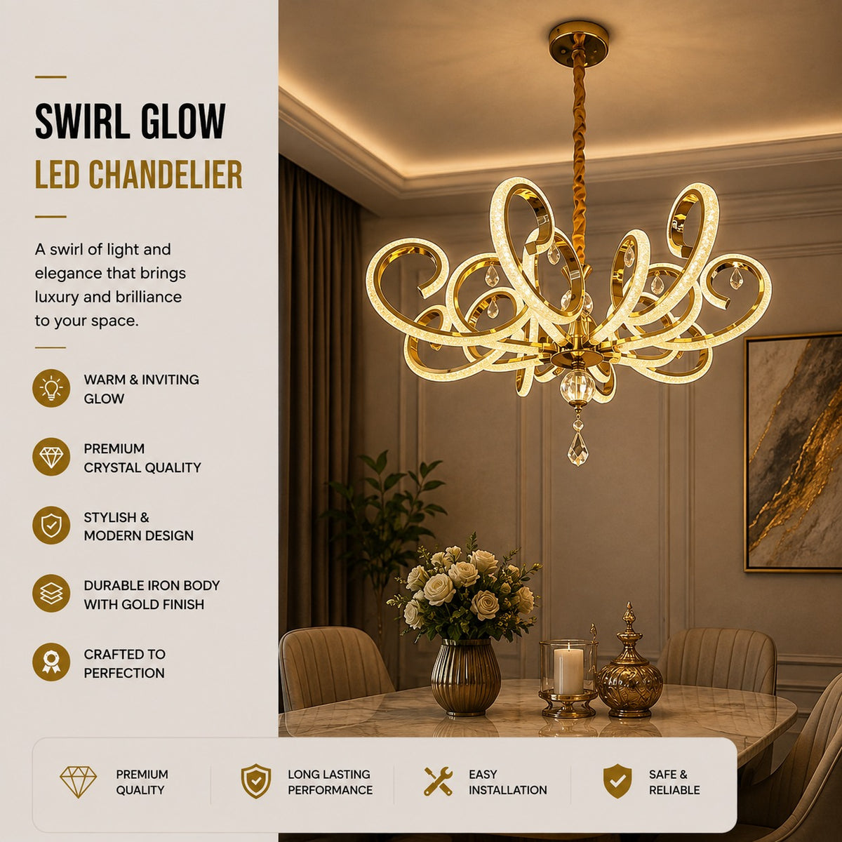Luxury Golden Curved Crystal LED Chandelier