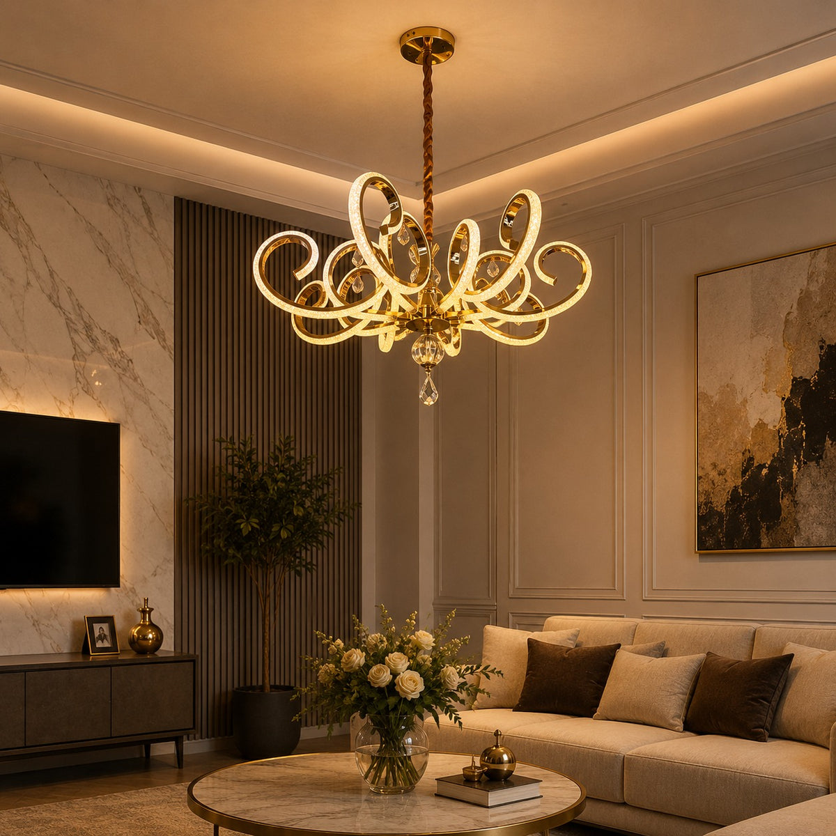 Luxury Golden Curved Crystal LED Chandelier