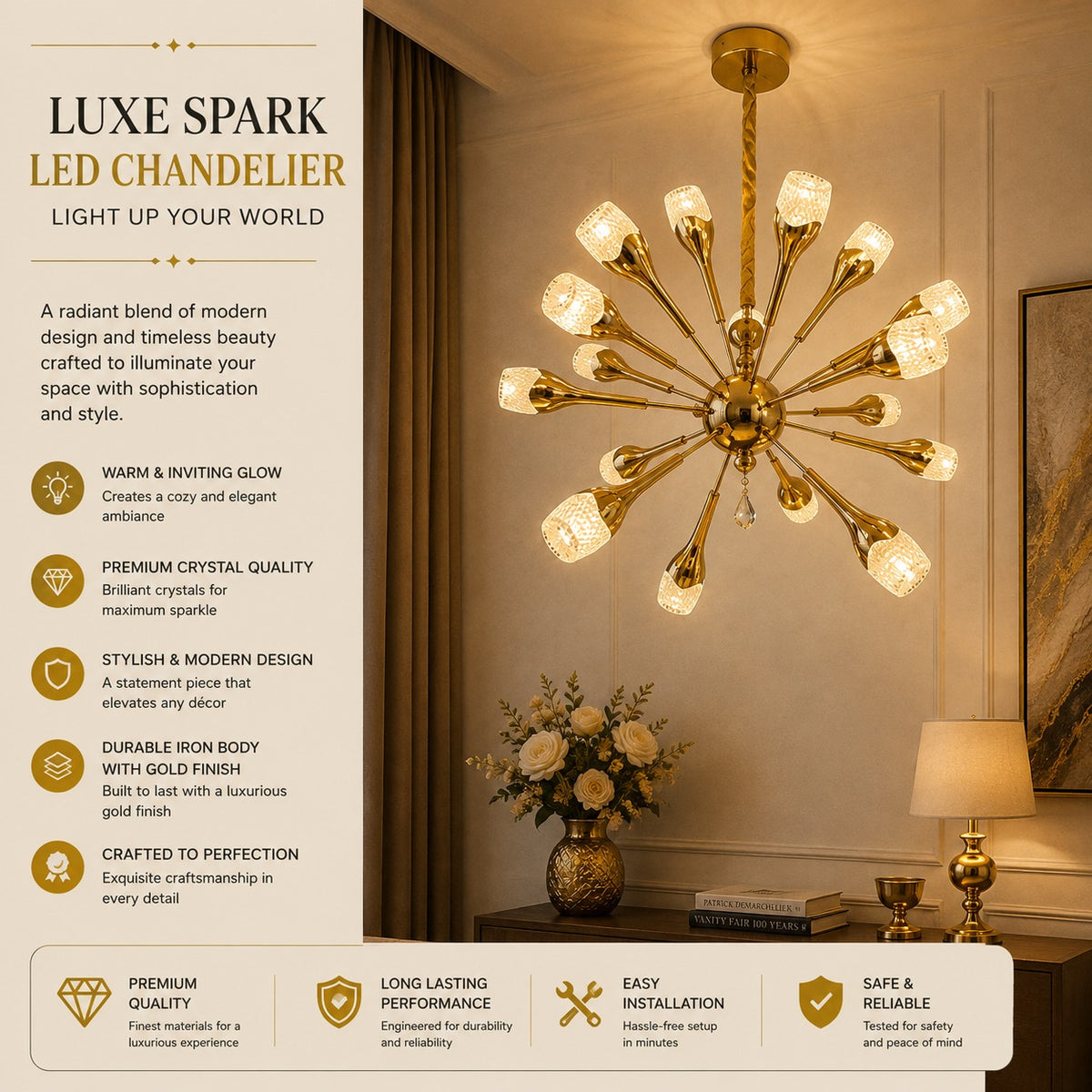 Luxury Gold LED Chandelier – Product Description