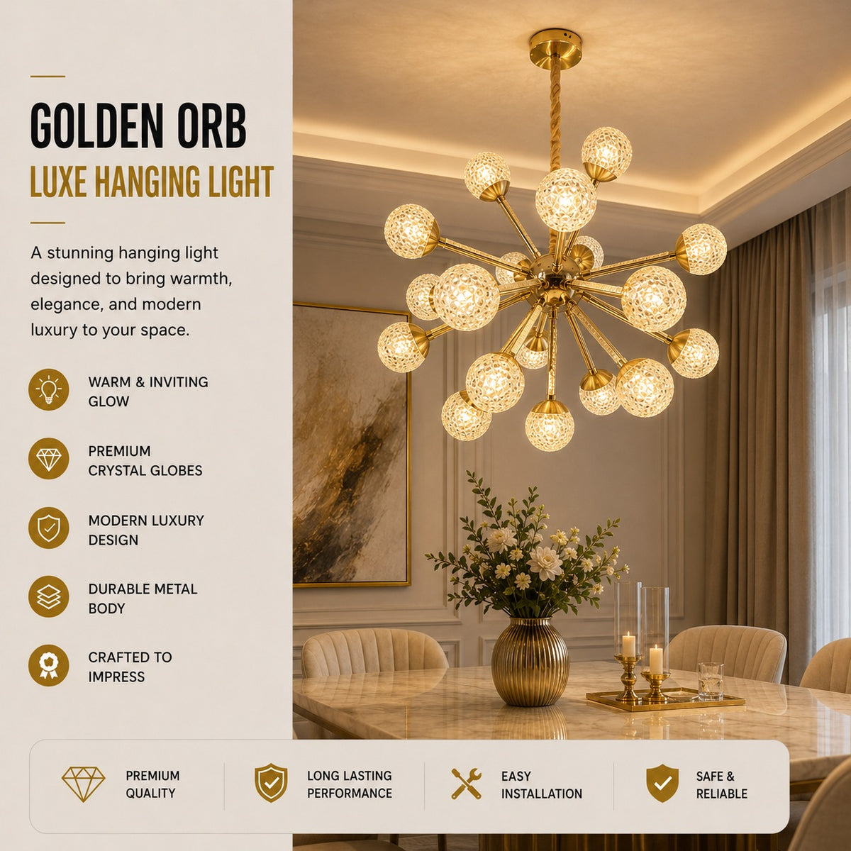 Luxury Gold LED Chandelier – Product Description