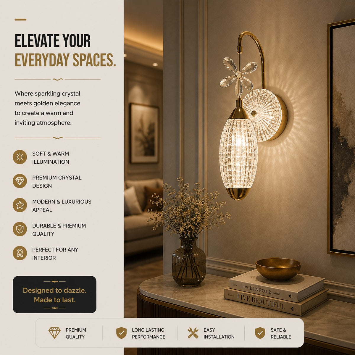 Modern Gold Crystal Floral Wall Light – Luxury Decorative Sconce