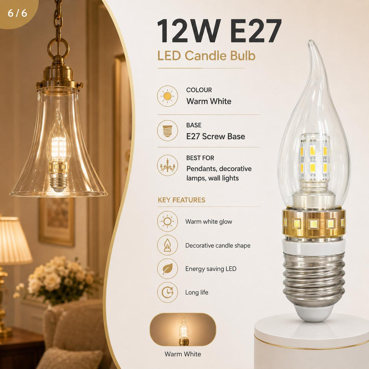 Modern 12W E27 LED Candle Bulb – Warm White