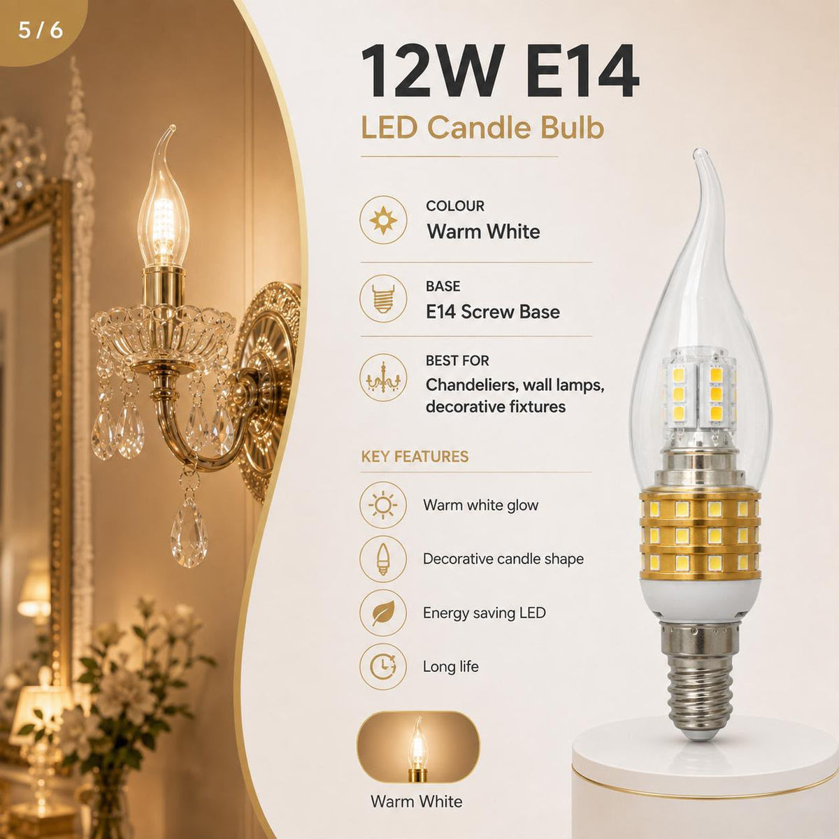 Modern 12W E14 LED Candle Bulb – Warm White