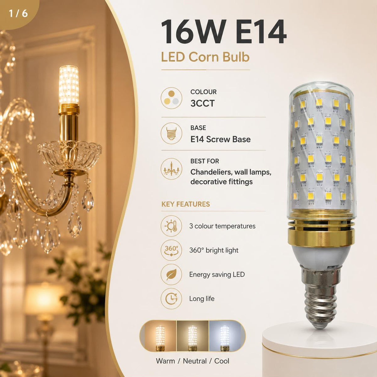Modern 16W E14 3CCT LED Corn Bulb – Bright 360° Energy-Saving Lighting