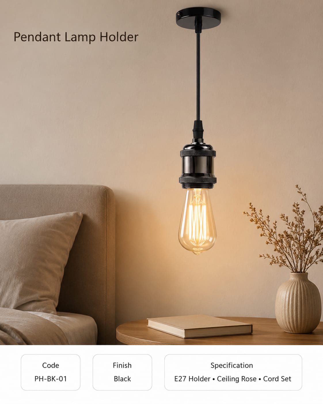 Vintage Minimalist Single Pendant Lamp Holder Set – Black Finish