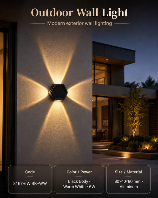 Modern Black Hexagonal Outdoor Wall Light – 6W