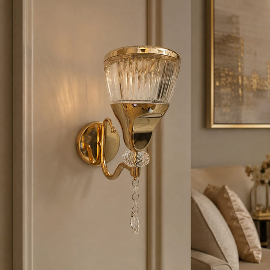 Modern Luxury Gold Fluted Chalice Crystal Wall Sconce | Hanging Crystal Pendant Wall Light
