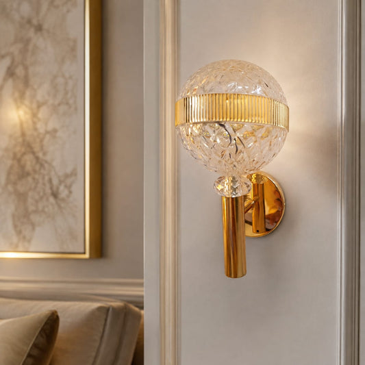 Modern Luxury Spherical Gold Band Crystal Wall Sconce | Textured Glass LED Wall Light