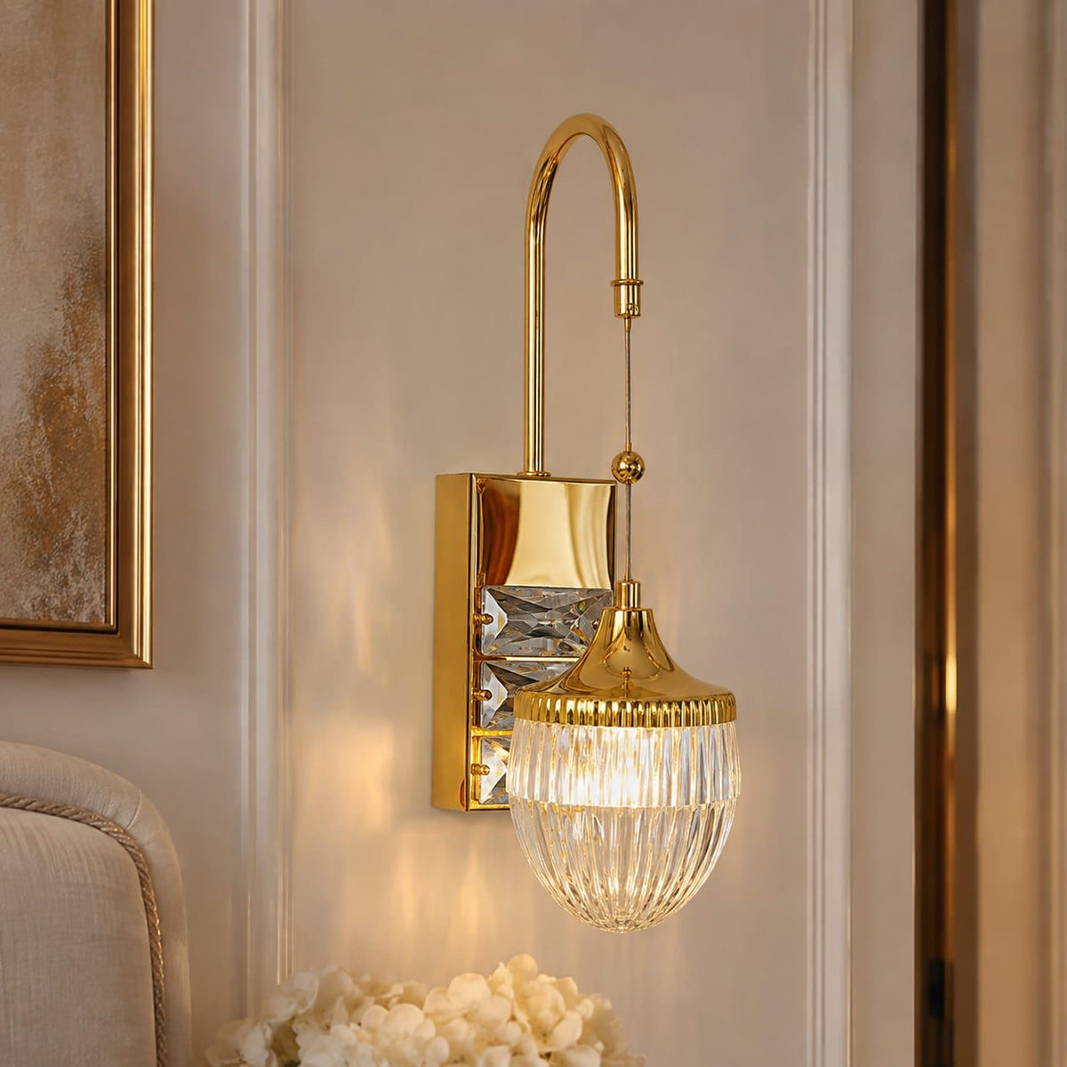 Modern Luxury Gold Fluted Teardrop Crystal Hanging Wall Sconce | Designer LED Pendant Wall Light