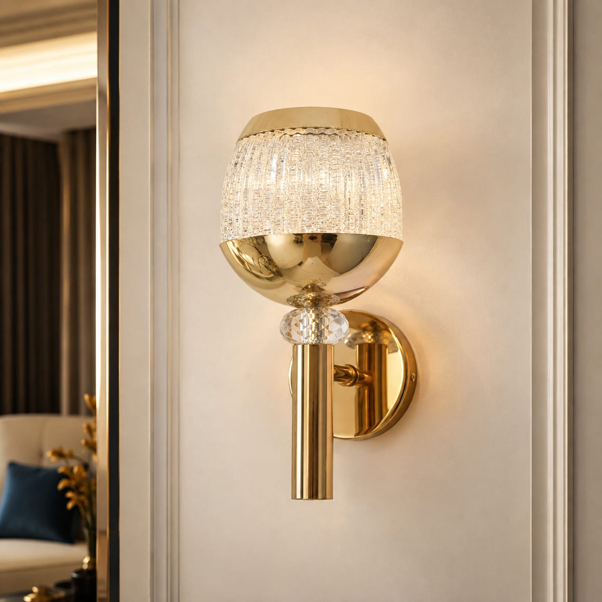 Modern Luxury Gold Goblet Crystal Wall Sconce | Textured Glass LED Wall Light