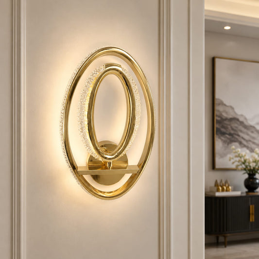 Modern Luxury Gold Dual Oval Crystal LED Wall Sconce | Interlocking Halo Ambient Light