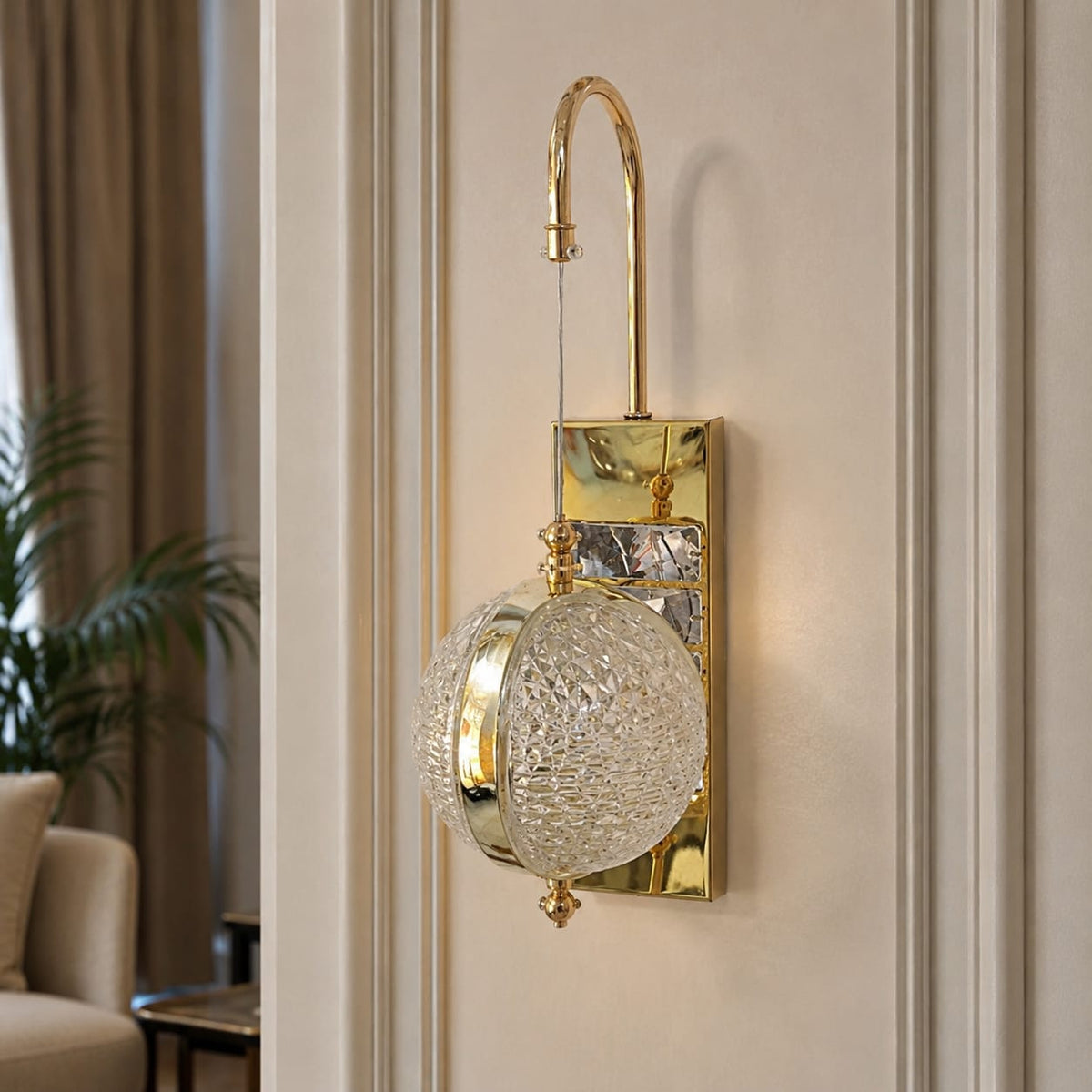 Modern Luxury Spherical Gold Band Crystal Hanging Wall Sconce | Designer LED Pendant Light