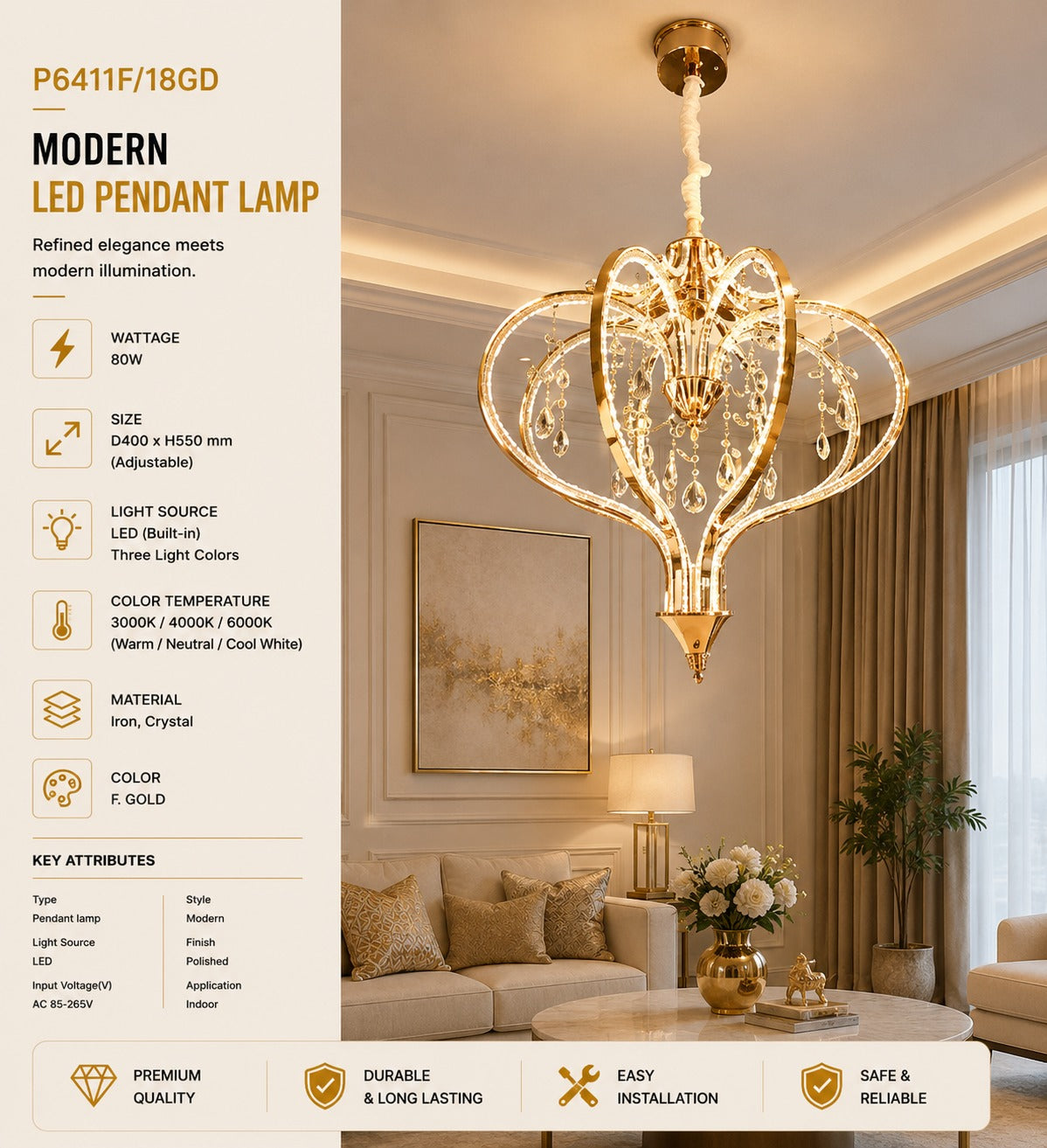 Luxury Crystal Golden LED Pendant Chandelier