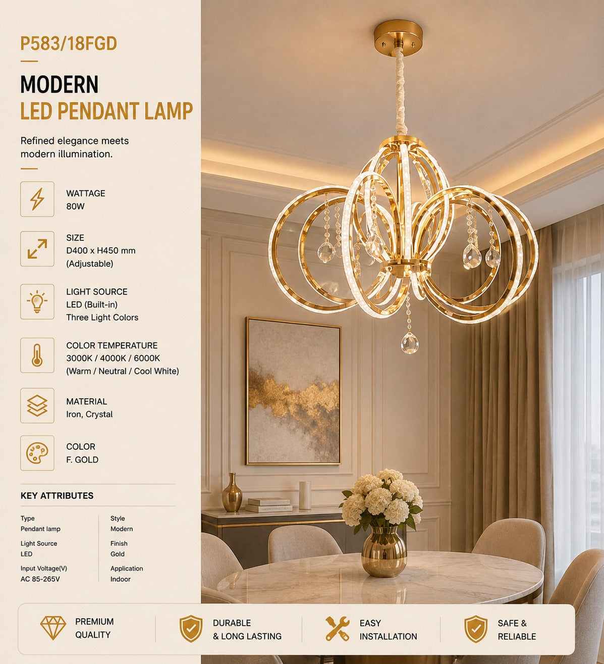 Premium Gold LED Crystal Ceiling Chandelier